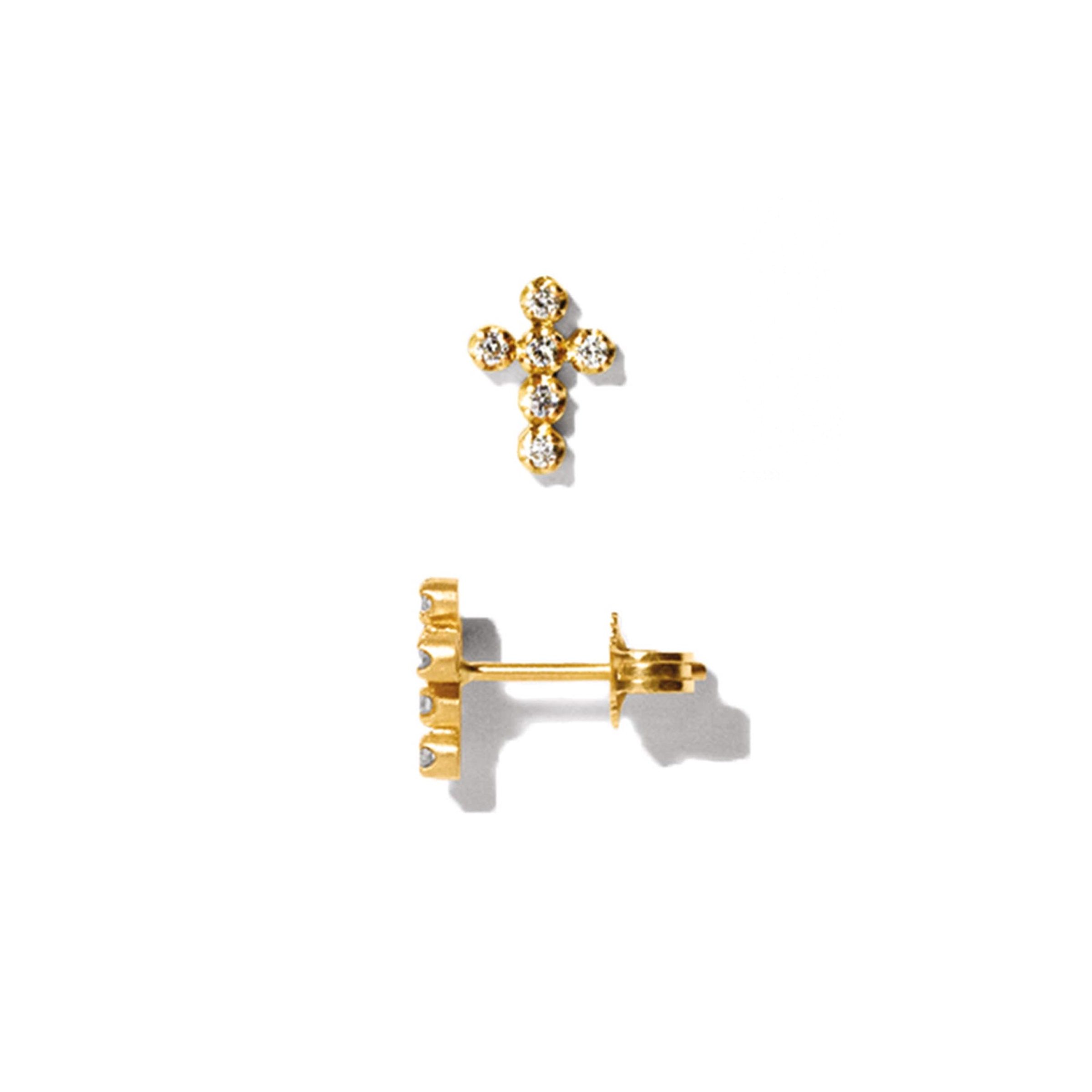 MISS EMPSON gold cross ear stud with small diamonds