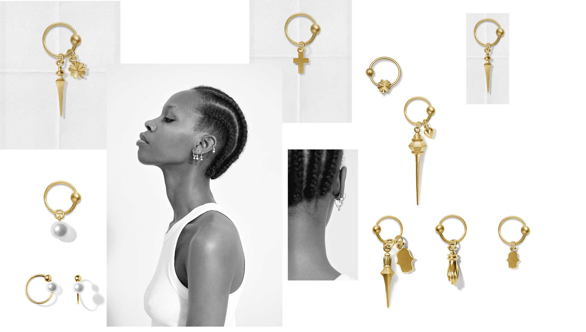 Mood board with different earrings from the fragment collection